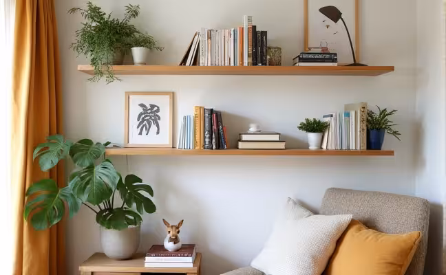 A cozy reading corner with creatively arranged floating shelves on the wall, displaying a mix of favorite books, potted plants, and small pieces of artwork, matching with the overall room decor