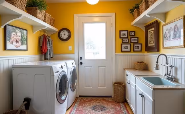 A multifunctional mudroom doubling as a laundry room, featuring a washing machine and dryer in one corner, and a pet cleaning station with a small shower and towel rack. The room is decorated with vibrant colors and family photos, and utilizes its vertical space with extra pantry storage mounted on the wall