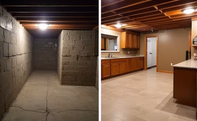 A comparative before-and-after image of a basement. The 'before' side shows a typical, dark and damp basement with visible cracks in the foundation, while the 'after' side showcases a transformed, fully remodeled basement with a cozy ambiance, adequate lighting, waterproof flooring and walls, and custom storage solutions. The transformation clearly indicates the increase in home value through a successful basement remodel