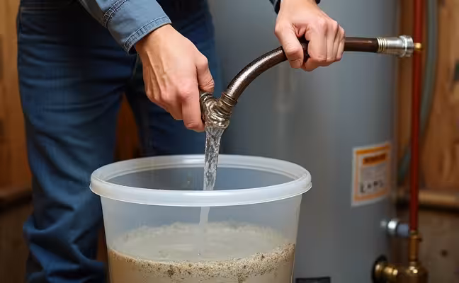 A detailed image of a water heater being flushed, with a technician draining water through a hose, and sediment visible in the transparent bucket below, set in a home utility room