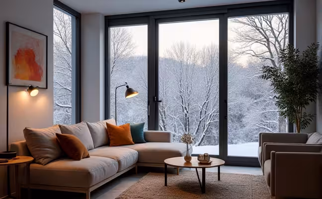 An image of a modern, comfortable living room with large windows showcasing a serene outdoor winter scene. The room should evoke warmth and coziness, suggesting it's well-insulated. In the corner, a digital thermostat displays a comfortable temperature, subtly implying the longevity of the HVAC system and the house's increased value
