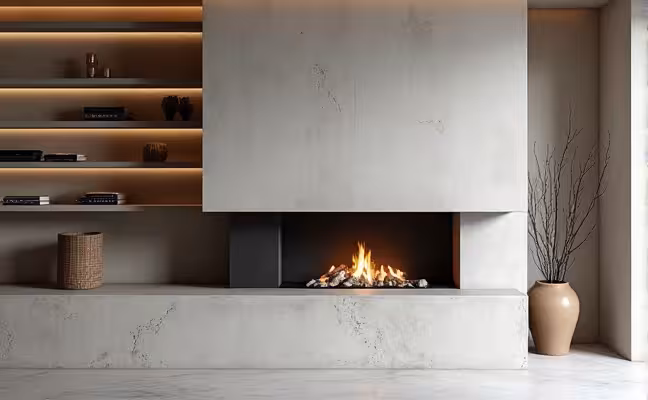 A minimalist and contemporary living room featuring a modern fireplace surround made from concrete, with built-in storage or display spaces along the side, enhancing the overall aesthetic of the room