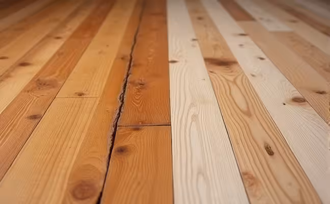 A comparative image showing two types of flooring materials side by side - on one side, a classic and warm hardwood floor with visible scratches and slight water damage, and on the other, a pristine and damage-resistant laminate floor mimicking the hardwood's aesthetics