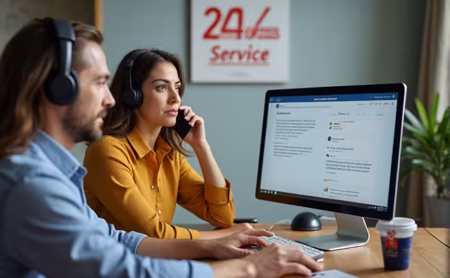 A customer service representative assisting a worried homeowner on a phone call, with a background displaying a 24/7 customer service sign, a positive customer review on a computer screen, and a badge of a licensed, insured technician, representing the qualities of a reliable home warranty provider