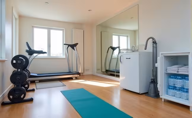 A functional home gym with a bright and airy feel, equipped with a yoga mat spread on the floor, a set of free weights on a rack, a sleek treadmill in one corner, a large wall mirror, and a small white refrigerator stocked with water bottles and clean towels