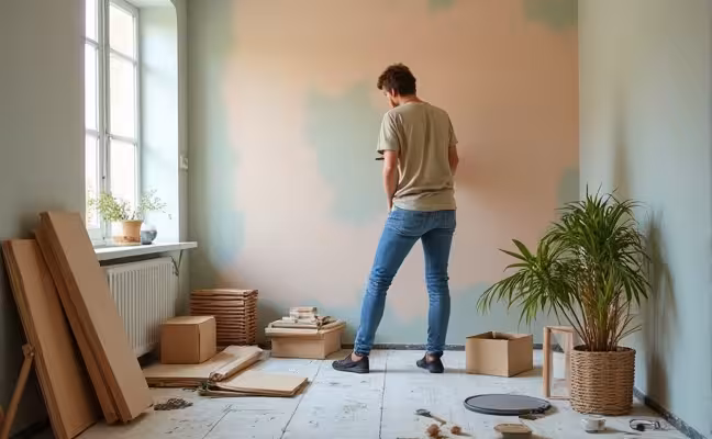 An image of a homeowner in the midst of a DIY painting project, surrounded by reusable materials and second-hand items, emphasizing the concepts of repurposing and cost-saving during home renovation