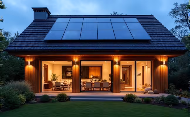 An energy-efficient home exterior showing off solar panels on the roof, LED lights illuminating the structure, a well-maintained garden, a cozy patio with outdoor furniture, and high-quality windows and doors