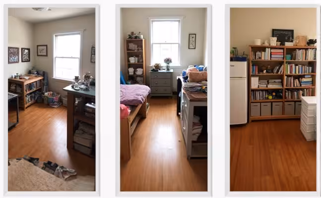 A sequence of three images showing the progression of decluttering a room, starting with a cluttered room, followed by the sorting and organizing process, and ending with a clean, organized space with less items and efficient use of existing storage
