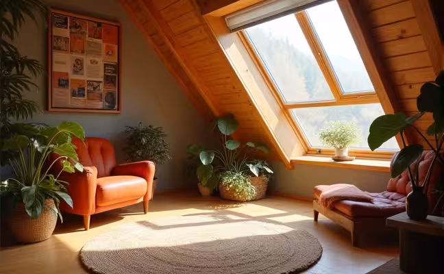 A cozy reading nook with a light tube installed in the ceiling, sunlight directly channeled from the roof, illuminating the area with a warm glow