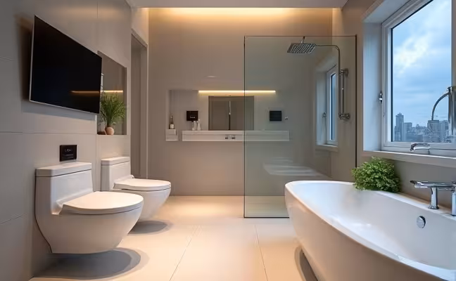 A modern, luxurious bathroom equipped with advanced technology such as a high-tech toilet with self-cleaning and seat warming features, a waterproof television embedded in the wall, and a motion-sensor faucet dispensing soap onto a person's hand