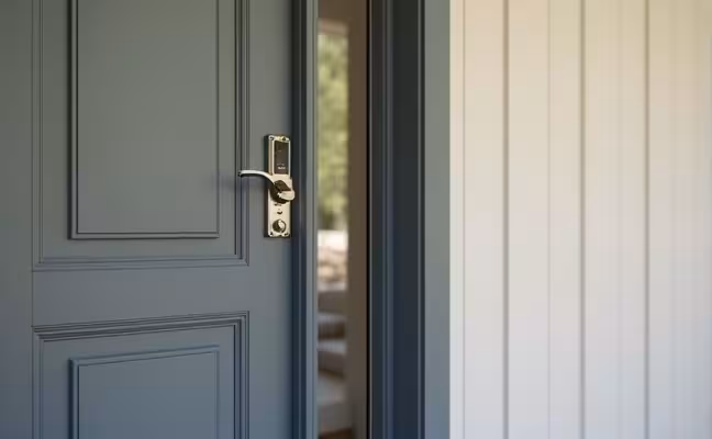 An image of a front door with smart security features, such as a built-in camera and a digital lock. The house's exterior should be modern, and the door should have a clean, sleek design. The smart security features should be clearly visible, like a camera above the door handle, and a touchscreen keypad incorporated into the door's design