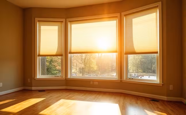 An image of a room with large, south-facing windows, adorned with insulated cellular shades. Sunlight is streaming in, illuminating the room while the shades block the heat, visually representing the role of window size, orientation, and treatments in energy efficiency