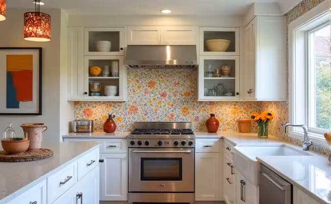 A personalized kitchen with a unique, colorful backsplash, statement light fixtures, and artwork on the walls, featuring clever storage solutions like pull-out pantries and corner cabinets, and a well-ventilated cooking area with a visible range hood