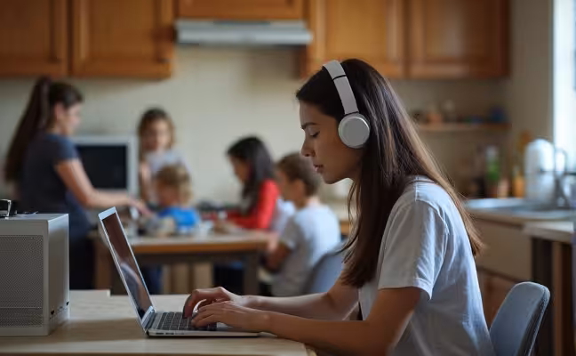 A person sitting in a busy household, surrounded by a bit of chaos - children playing, a TV blaring, someone vacuuming. But the person is at peace, wearing noise-cancelling headphones and focusing on their laptop. A white noise machine could be seen on the table next to them, symbolizing the use of noise-cancelling devices
