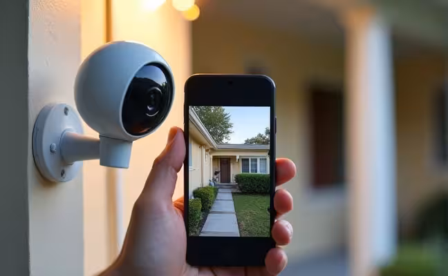 A high-resolution video surveillance camera with night vision and motion detection capabilities mounted on the front porch of a house. Show a clear image on a smartphone screen displaying the camera view, implying facial recognition, behavioral analysis, and two-way communication features