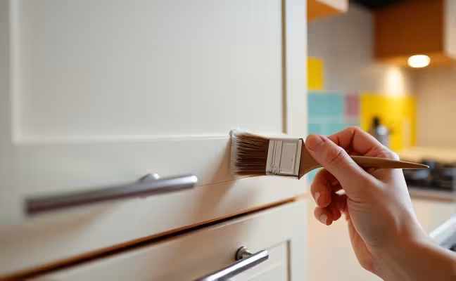 A modern kitchen scene showing a hand holding a paintbrush, applying a fresh coat of white paint onto wooden kitchen cabinets, with new stylish cabinet handles and a colorful backsplash visible in the background