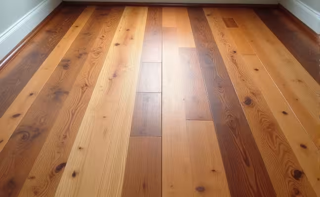 A highly versatile hardwood floor that can be adapted to various styles and designs: The image depicts a hardwood floor with different sections stained in various colors, one section polished for a glossy finish, and another section left natural for a rustic look. It stands in contrast to a carpeted floor that has limited design options due to its fixed color and texture
