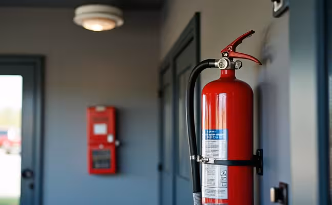 A close-up shot of safety measures in the garage. This image should depict a smoke detector installed on the ceiling, a fire extinguisher mounted on the wall, and a cabinet with a lock for storing hazardous chemicals and sharp tools, emphasizing the importance of safety in the garage