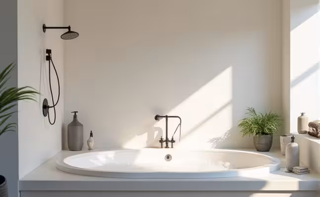 A luxurious bathroom featuring a sunken tub filled with bubbles, a rainfall showerhead, energy-efficient fixtures, soft lighting, and fresh white paint on the walls, creating a serene and modern atmosphere