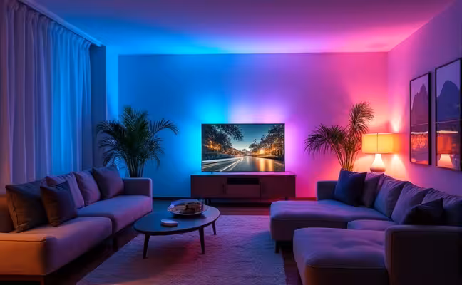 A living room in the evening, illuminated by Philips Hue White and Color Ambiance lights, showing a spectrum of colors - blues, purples, and pinks - creating a cozy and immersive atmosphere. The room also features a smart TV, syncing with the lights' rhythm