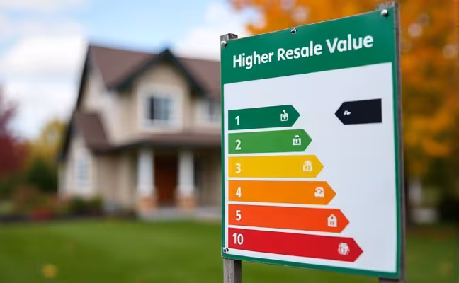A house with a green energy efficiency rating label on it, demonstrating higher resale value against a backdrop of potential buyers, emphasizing the home's lower energy costs, increased comfort, and smaller carbon footprint due to an earlier home energy audit