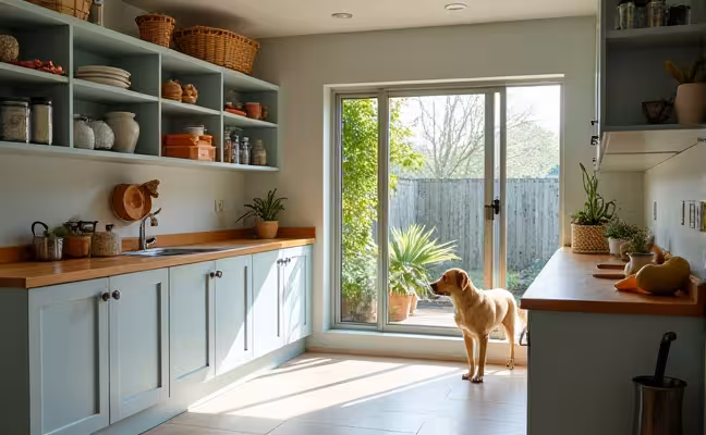 An organized utility room featuring wall-mounted storage cabinets filled with pet supplies like food, toys, and grooming tools. A window with protective guards overlooks a garden, where potentially harmful plants are placed out of a dog's reach. The walls are painted with a glossy, easy-to-clean paint