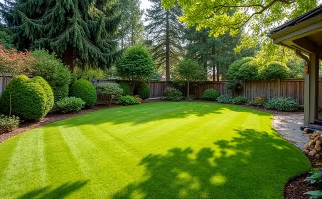 A perfectly maintained backyard with a freshly mowed lawn, trimmed shrubs, and a neat pile of firewood placed away from the house. The garden is flourishing with healthy plants and there are no decaying plants in sight. This image illustrates the significance of regular yard clean-up in keeping pests at bay