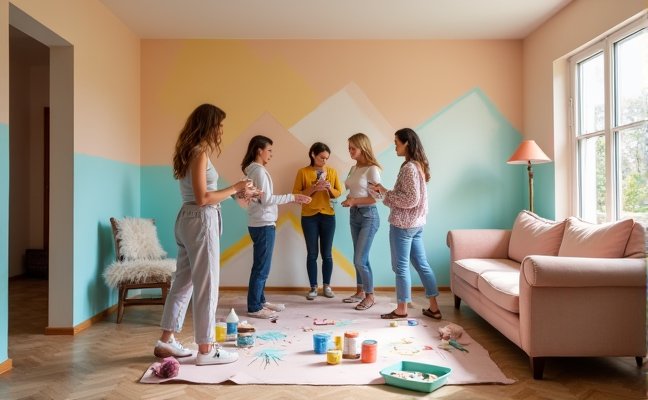 A brightly lit, cozy living room with freshly painted pastel-colored walls showcasing a DIY geometrical pattern on one of the walls, a group of people, possibly family or friends, in the middle of the room holding paint brushes and rollers, with paint cans and trays scattered around