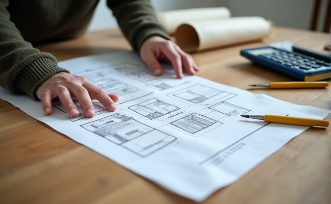 A homeowner in Toronto studying blueprints of their home, planning a kitchen remodel with various construction tools scattered on the table, indicating the initial stages of understanding project requirements