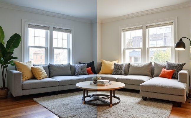 A comparison image of two living rooms in Toronto, one showcasing a professional renovation with high-end finishes, advanced tools, and modern trends, and the other depicting a DIY renovation with simple tools and personal touches, demonstrating the difference in quality between professional and DIY work