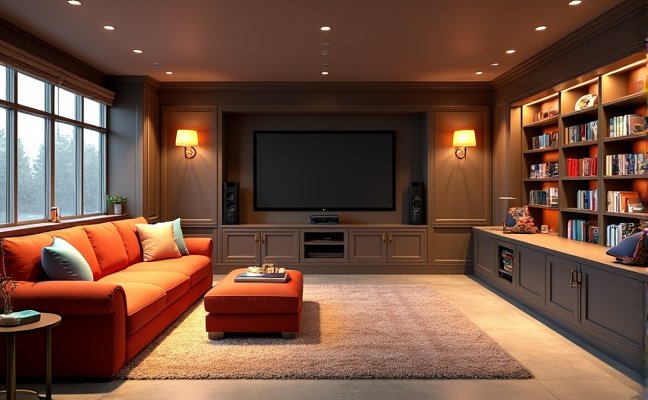 A 3D visualization of a spacious, well-lit basement remodel, featuring a comfy seating area, a home theater setup with large screen and surround sound speakers, along with built-in shelving filled with books and games. The walls are finished with moisture-resistant drywall, and the flooring is a mixture of stained concrete and plush area rugs. The color scheme is vibrant yet cozy, with soft furnishings and decor elements that reflect the intended use of the space