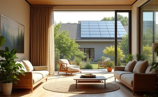 An eco-friendly living room filled with responsibly sourced furniture, energy-efficient appliances, and a large window showcasing solar panels on the roof, embodying the future trend of sustainable home designs in 2025