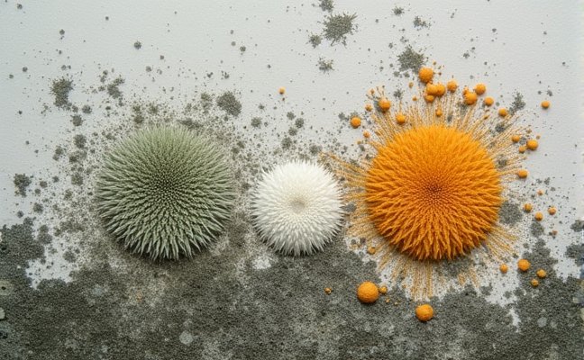 A close-up image of mold growing on a damp wall: The mold should have different patches of colors including black, green, white, and orange, indicating the various types of mold