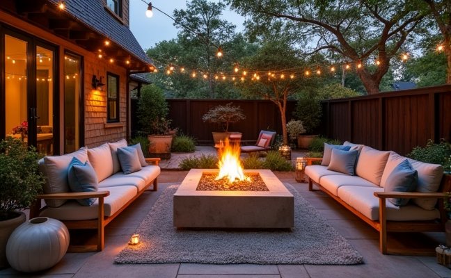 An inviting outdoor living space with comfortable teak furniture, plush cushions, and an outdoor rug, with a focus on a fire pit serving as a central gathering point, surrounded by a soft glow of string lights and lanterns