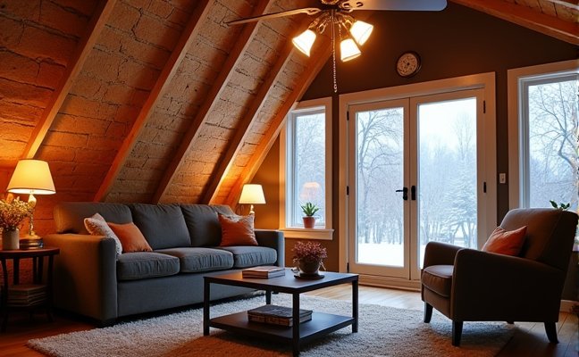 A cozy, well-insulated living room in a Toronto home during winter, showing thick insulation visible in the attic ceiling and walls, double-glazed windows with frost on the outside, and warm light from LED lights reflecting off the sealed doors and windows