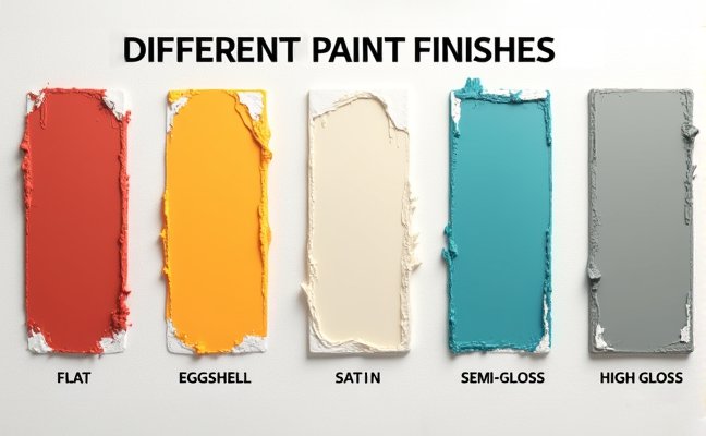 A detailed infographic that visually explains the different types of paint finishes, including flat, eggshell, satin, semi-gloss, and high gloss. Each paint finish should be depicted on a different wall segment, showcasing its unique properties, including reflectiveness, durability, and ability to hide or highlight wall imperfections