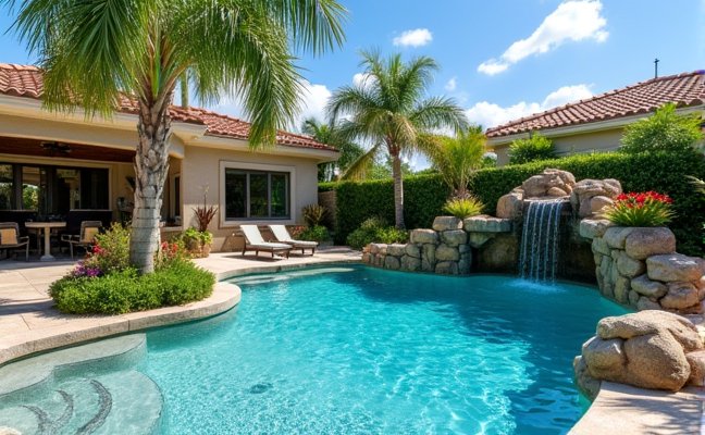 An image showcasing a luxurious and beautifully designed swimming pool in a high-end neighborhood, with crystal clear water and surrounded by tropical plants, decorative rocks, and a waterfall, adding significantly to the property's value and aesthetics