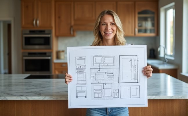 A woman standing in a spacious kitchen holding a blueprint, displaying different zones like cooking, storage, and preparation areas. The kitchen shows an amalgamation of modern and traditional design styles, with sleek appliances, wooden cabinetry, and marble countertops