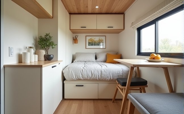 A modern tiny home interior showcasing multifunctional furniture. The focus should be on a bed with built-in drawers underneath and a wall-mounted fold-out table serving as a dining table. The color palette should be light and pastel to create an illusion of a bigger space