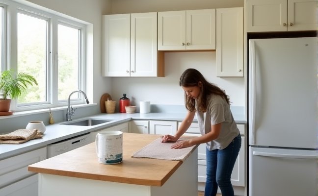 A modern, clean, and vibrant kitchen with freshly refinished wooden cabinets painted in a soft white color, a person is seen sanding down one of the cabinets with sandpaper, and various painting supplies like paint cans and brushes are visible on the kitchen counter