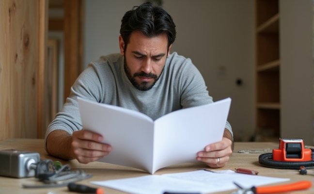 An image of a stressed homeowner in Toronto looking at a DIY home renovation manual with tools scattered around, representing the steep learning curve, risk factors, and high stress levels associated with DIY renovations