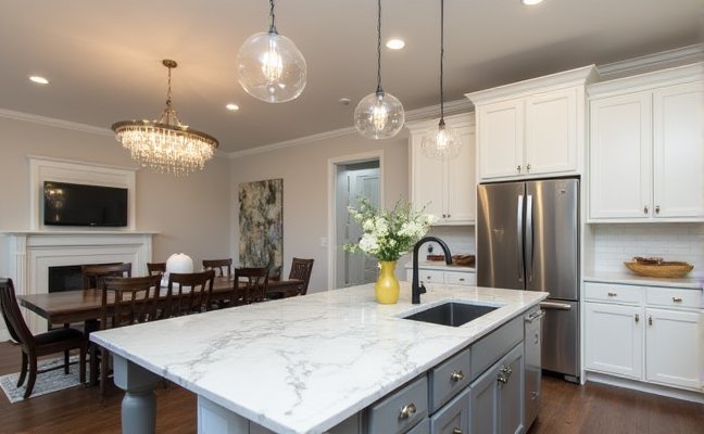 A contemporary kitchen scene with upgraded lighting fixtures, including stylish pendant lights hanging over a marble kitchen island and a chic chandelier in the adjoining living area