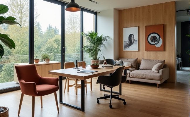 A spacious, multifunctional home office that transforms into a cozy living room, featuring smart home technologies like an intelligent thermostat and advanced security system, symbolizing the 2025 trends of smart homes and flexible spaces