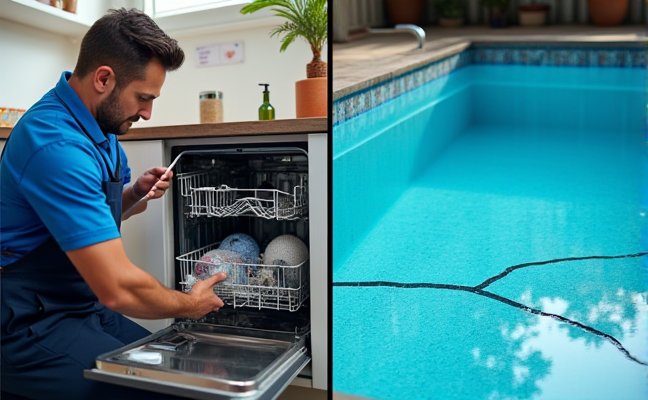 A detailed split-screen image showing a professional technician repairing a dishwasher on one side (symbolizing what's covered), and a cracked swimming pool with a 'Not Covered' sign on the other side (symbolizing limitations and exclusions