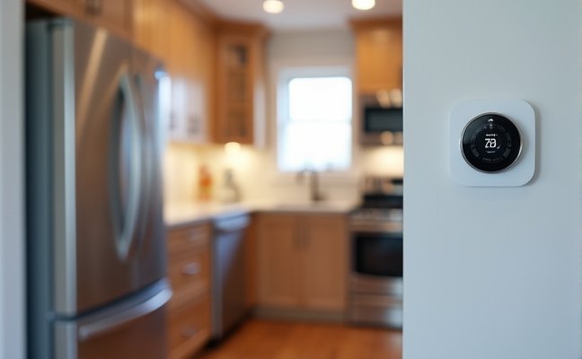 A modern, energy-efficient kitchen in a Toronto home with Energy Star-rated appliances including a refrigerator, dishwasher, and washing machine, next to a smart thermostat mounted on a wall, displaying a temperature setting