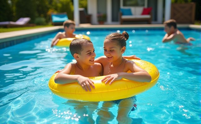 A dynamic image portraying a family enjoying a sunny day in their backyard pool - children playing with inflatable toys, adults swimming laps and doing water aerobics, highlighting the leisure, fitness and hosting benefits of owning a pool