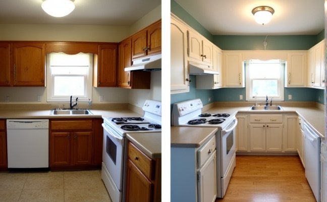 A before-and-after comparison of a kitchen remodel. The 'before' image shows an outdated kitchen with poor lighting and cramped space. The 'after' image reveals a transformed kitchen with efficient appliance placement, ample lighting, increased counter space, and updated cabinetry and countertops