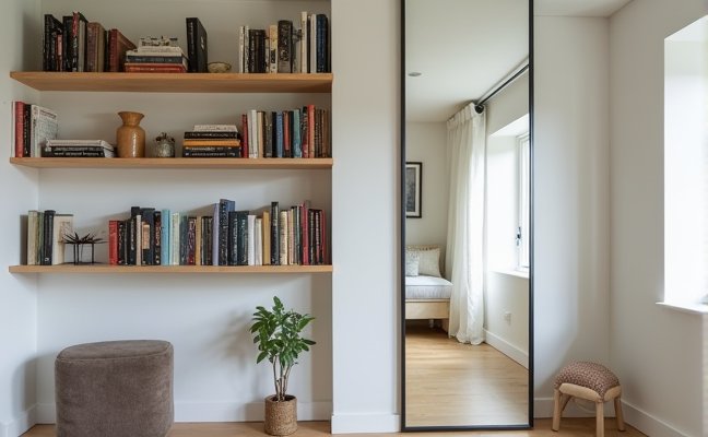 A minimalist tiny home interior featuring a wall-mounted bookshelf filled with books and trinkets. A strategically placed large mirror reflecting the room to create an illusion of a larger space. A sliding door in the background leading to another section of the home