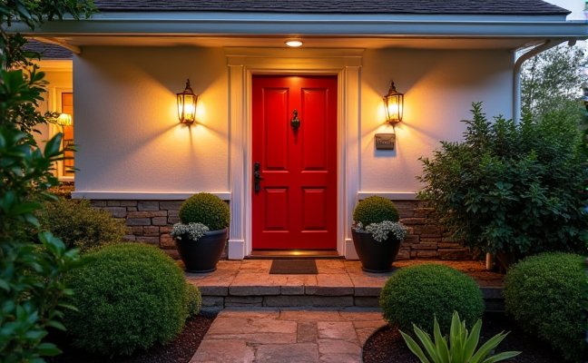 A charming home exterior with a freshly painted front door in a bold color, new metallic house numbers, well-manicured landscaping, and warm, inviting outdoor lighting illuminating the pathway leading to the front door