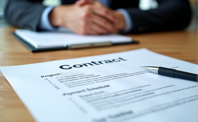 A close-up image of a detailed contract on a wooden table, with terms like 'project scope', 'timeline', and 'payment schedule' highlighted, a pen resting nearby and a handshake taking place in the background, representing the signing of a contract with a chosen contractor